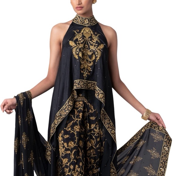 Hemant Trevedi 3 piece Black and gold/mustard embroidered 3 piece outfit. Medium - Picture 3 of 8